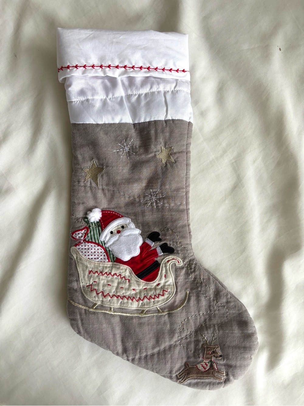 Pottery Barn kids Santa and Rudolf Christmas stocking grey and white quilted